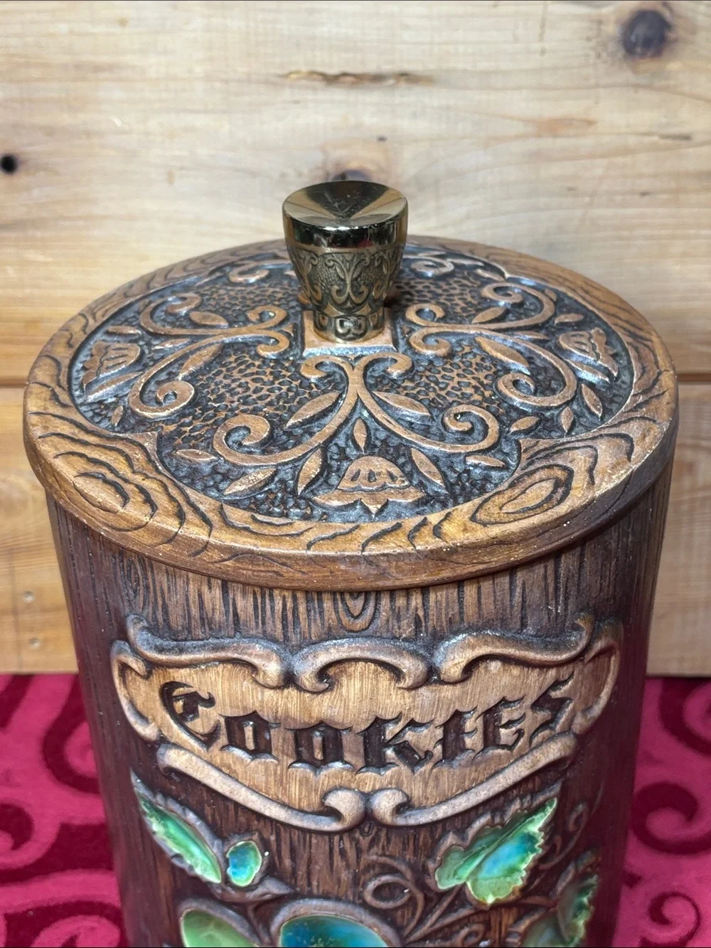 Vintage Treasure Craft Ceramic Cookie Jar – Faux Wood Grain Barrel Design